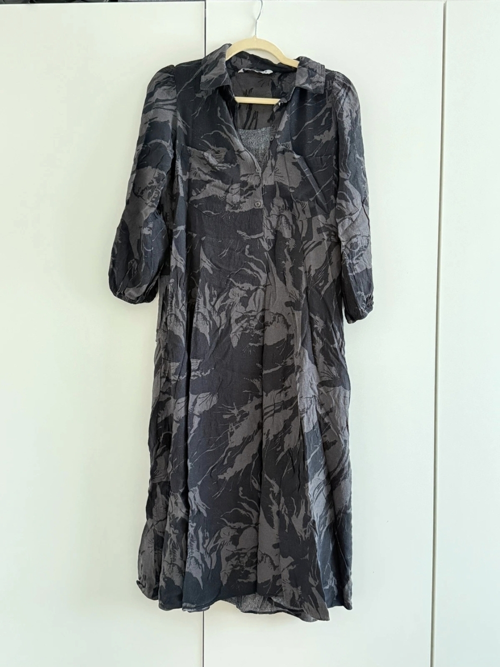 Zara Black & Gray Floral Midi Shirt Dress